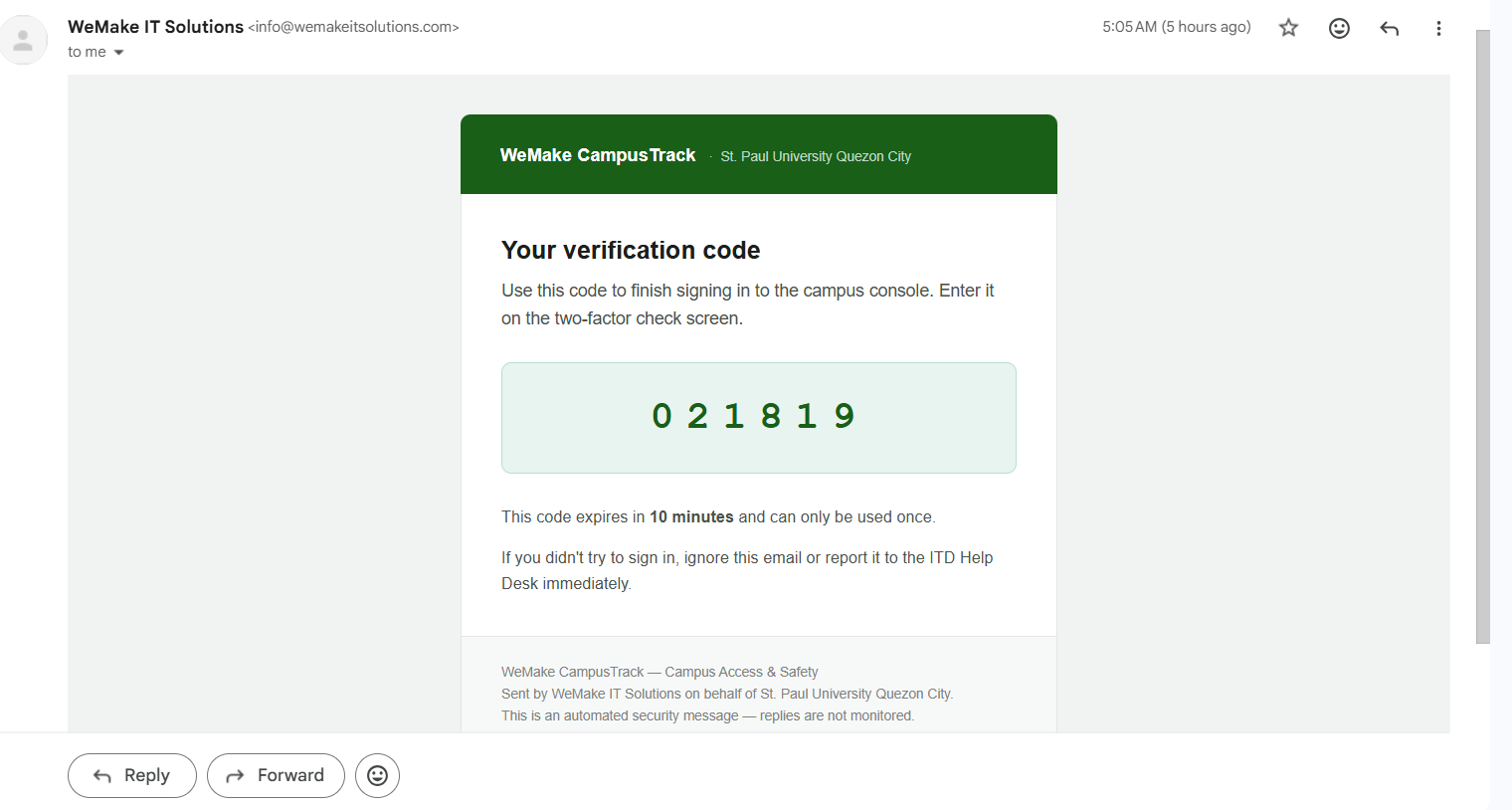 WeMake ClockWise verification code email in Gmail